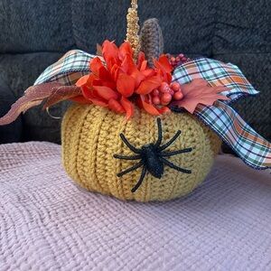 Handcrafted Autumn Pumpkin Decor with Spider Accent